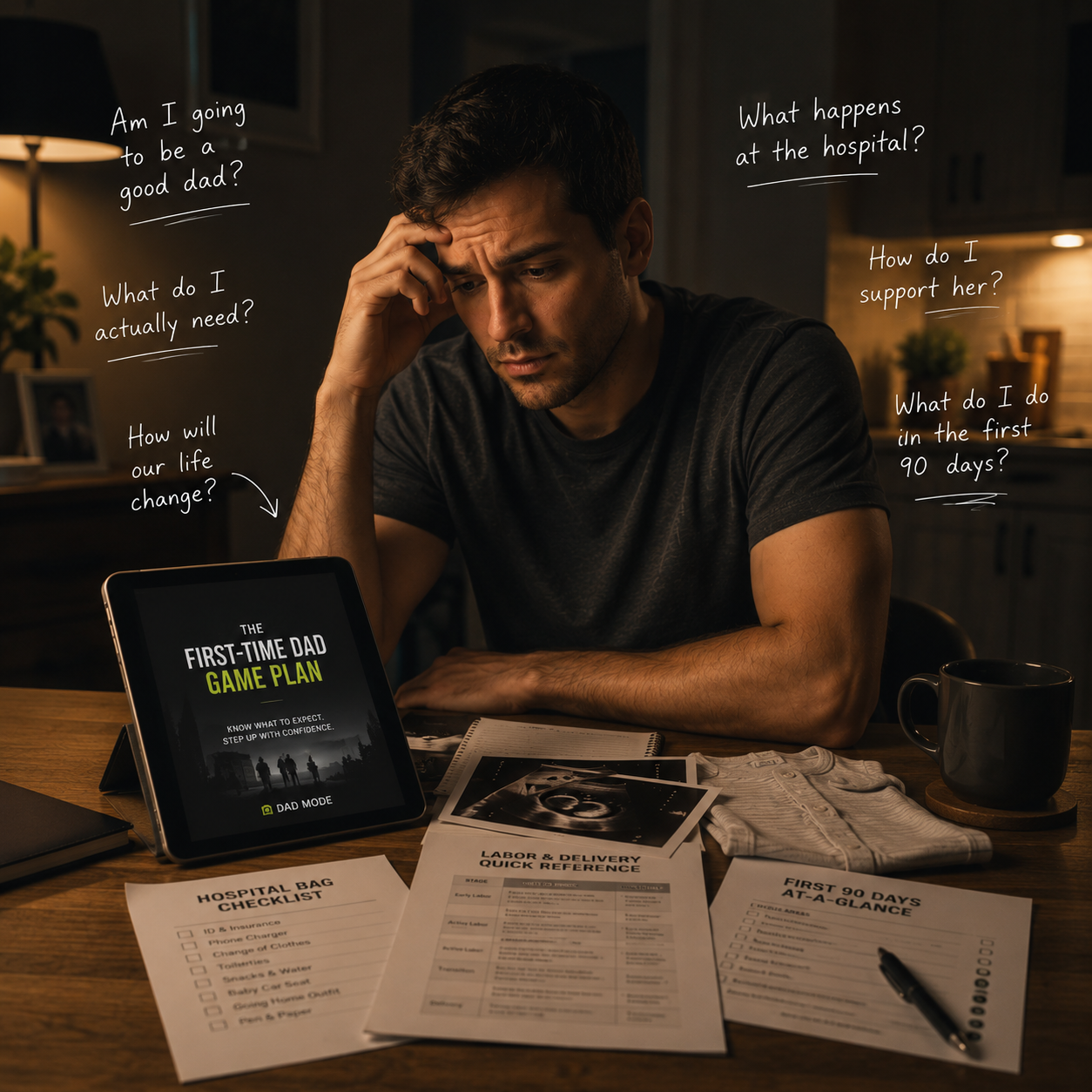 A first-time dad at the kitchen table working through the Dad Mode Game Plan checklists