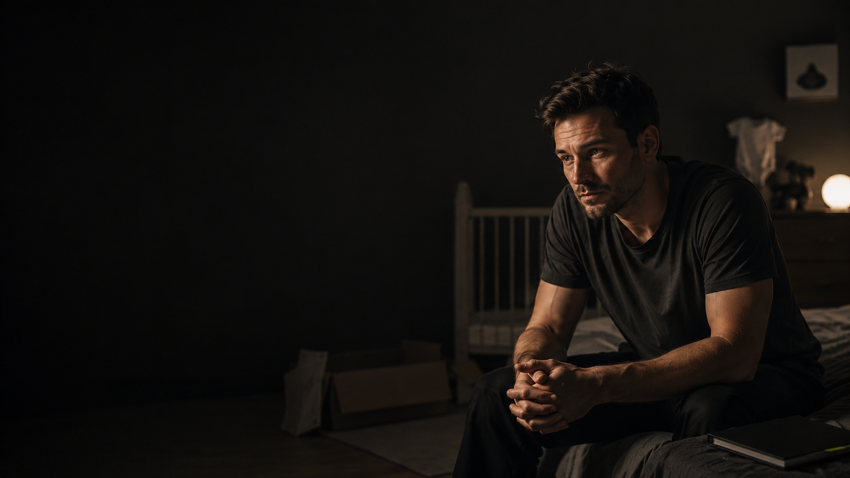 A first-time dad-to-be sitting on the edge of the bed in a dim nursery, thinking about his role